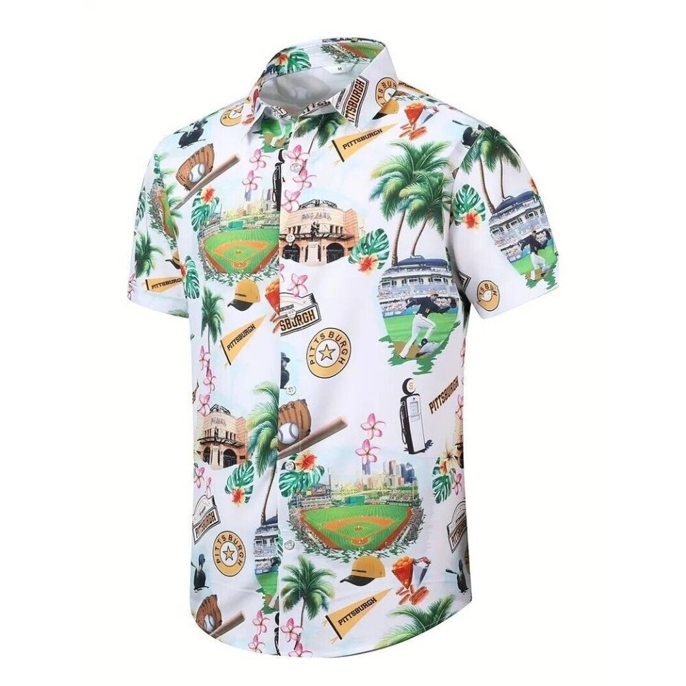 New Pittsburgh Pirates Hawaiian Button Up Shirt White Men's
